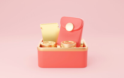 3D红色盒子中放满了红包和金币优惠券