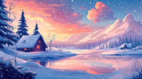 冬日雪景小木屋