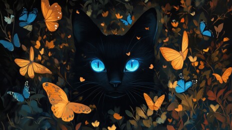 蓝蝶陪伴下的黑猫神秘凝视