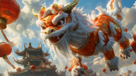 飞跃祥云的金色瑞兽庆典,灯笼高挂节日气氛