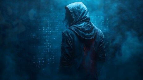 黑客在数字迷雾中背影,充满科技感和未知感