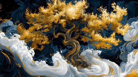 金色树木立于汹涌波涛之上