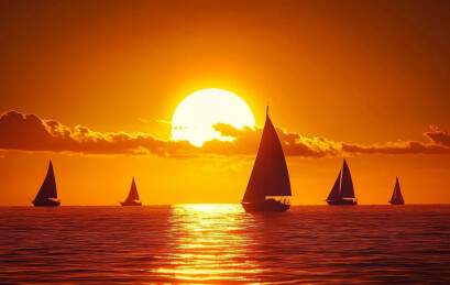 一艘帆船在夕阳下的美丽景象