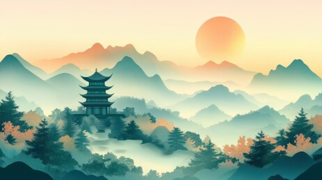 东方意境山水日出