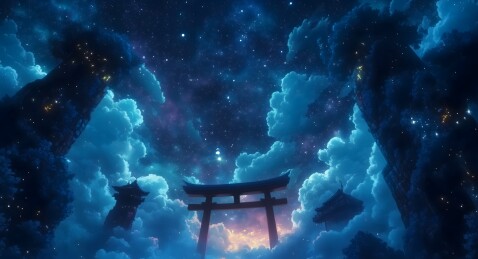 星空下的神秘鸟居与建筑
