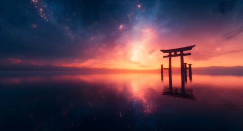 星空下的日式鸟居与平静湖面