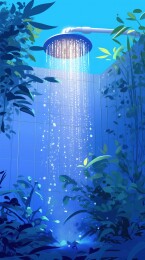清新明亮瓷砖装饰浴室中的金属淋浴花洒插画