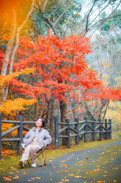 中国女性在浙江宁波奉化溪口杜鹃谷欣赏红枫