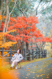 中国女性在浙江宁波奉化溪口杜鹃谷欣赏红枫