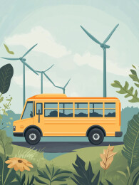 风力发电机背景下的一辆公共汽车插画