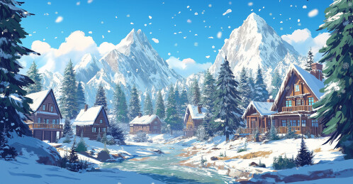 雪山松林间的木屋