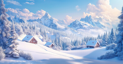 雪山松林间的木屋