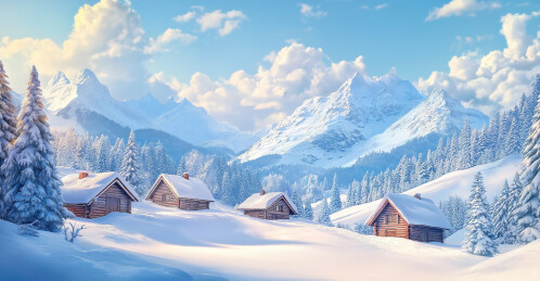 雪山松林间的木屋