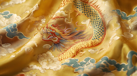 金色织锦龙纹图案服装细节特写