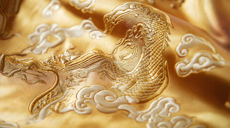 金色祥云龙纹织锦服装细节特写