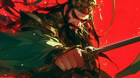 红色背景下威严的将军画像