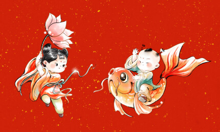 莲年有鱼年俗水墨插画