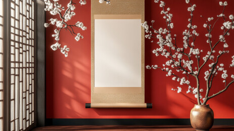 中式复古室内墙上挂着的空白画轴