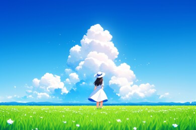 少女白裙田野远眺