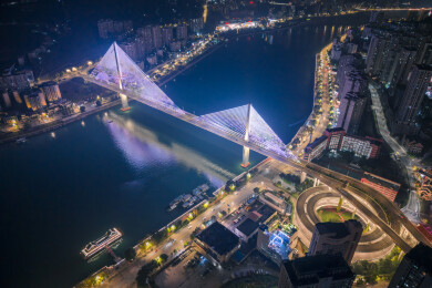 重庆市涪陵区涪陵乌江二桥夜景航拍