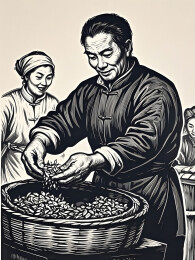 茶叶筛选工艺流程图黑白版画