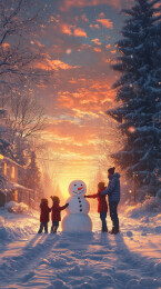 黄昏在冬季室外堆雪人的年轻人