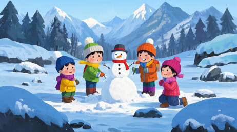 冬季室外堆雪人的年轻人