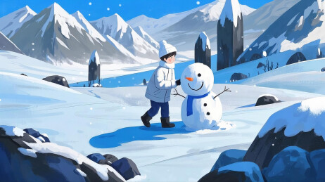 冬季室外堆雪人的年轻人