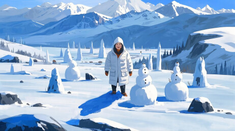 冬季室外堆雪人的年轻人