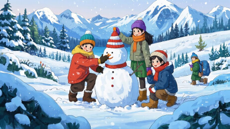 冬季室外堆雪人的年轻人