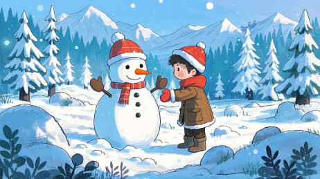 冬季室外堆雪人的年轻人