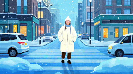 冬季在下雪天穿冬装独自行走在户外的年轻人