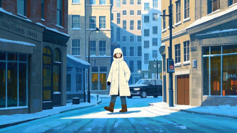 冬季在下雪天穿冬装独自行走在户外的年轻人