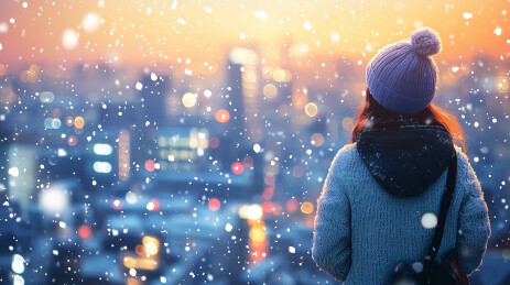 冬季在下雪天穿冬装独自行走在户外的年轻人