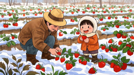 在冬季的农田里采摘草莓的男人与孩子