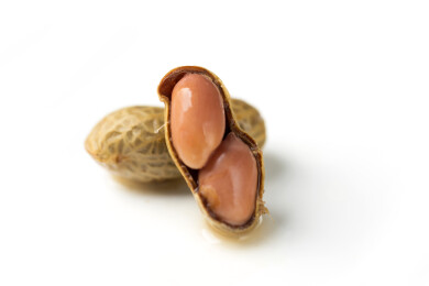 一盘卤花生摆放在白色背景上特写