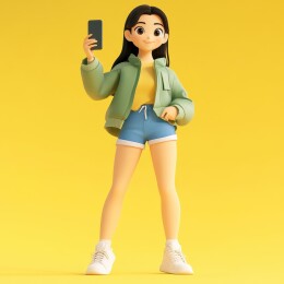 黄色背景下一位卡通时尚女子拿着手机拍照