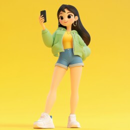 黄色背景下一位卡通时尚女子拿着手机拍照