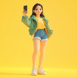 黄色背景下一位卡通时尚女子拿着手机拍照