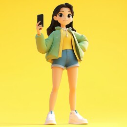 黄色背景下一位卡通时尚女子拿着手机拍照