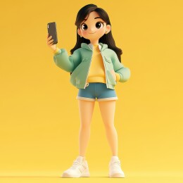 黄色背景下一位卡通时尚女子拿着手机拍照