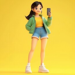黄色背景下一位卡通时尚女子拿着手机拍照