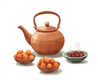 茶具与水果干的静物图