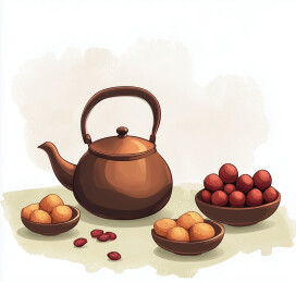 茶具与水果干的静物图