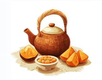 茶具与水果干的静物图