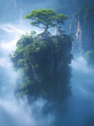 仙境孤峰云雾自然风景