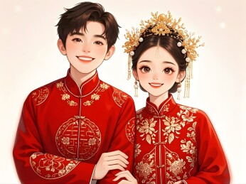 中式婚服情侣夫妻卡通插画