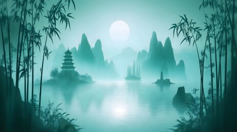 宁静祥和的东方水墨画