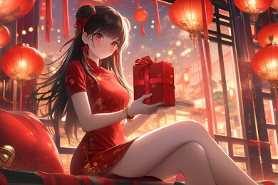 插画女人手捧着礼盒