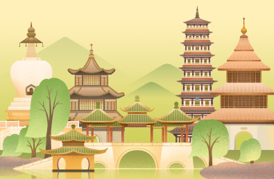 江苏扬州地标建筑插画-瘦西湖五亭桥文昌阁